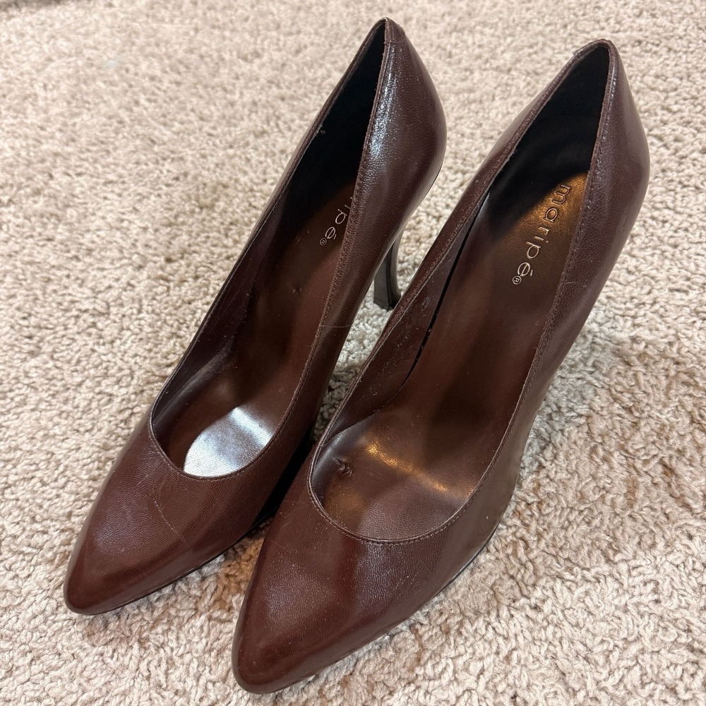 Maripe‎ Brown Leather Pointed Toe Pumps Womens Heels Size 7.5M Italy EUC